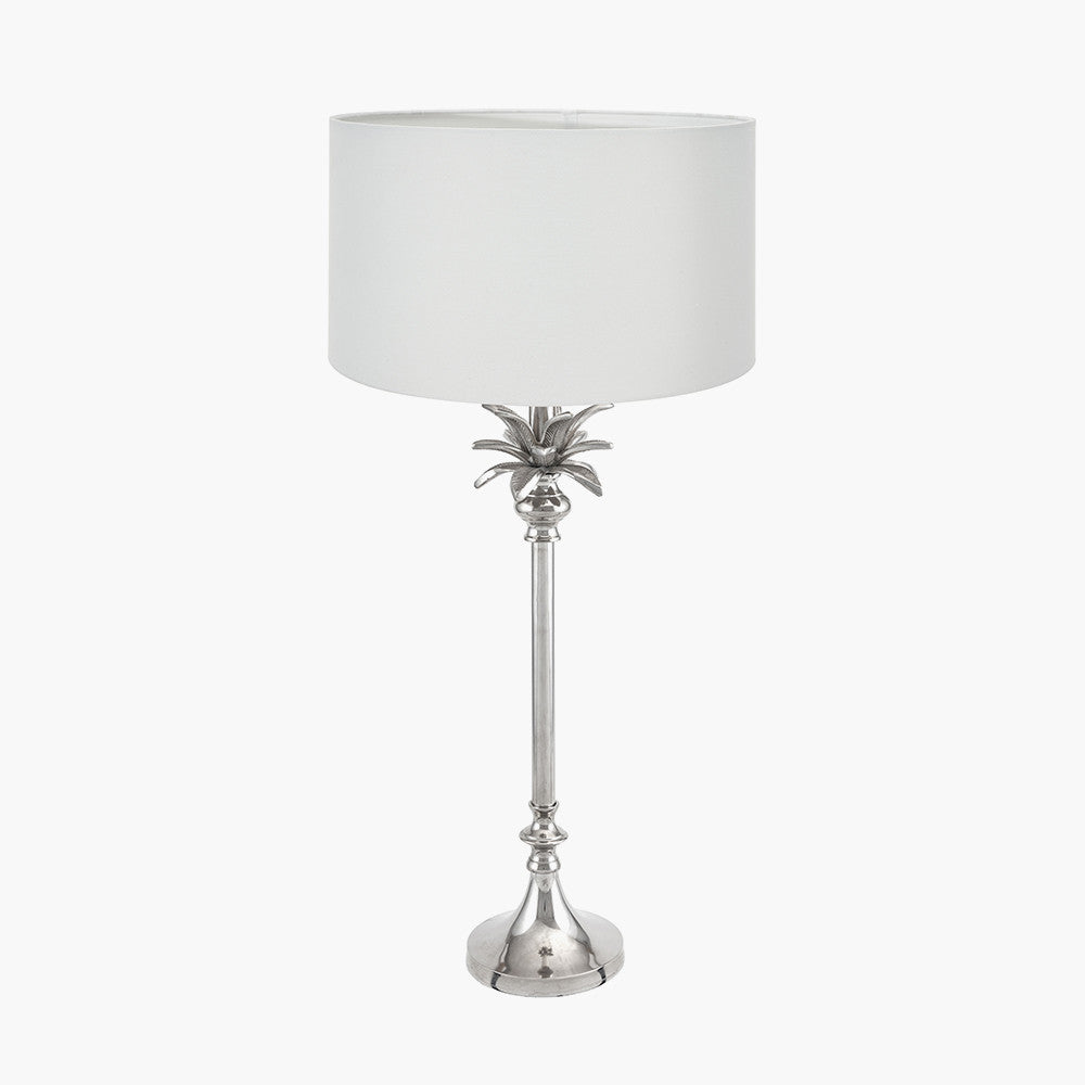 Trafalgar Nickel Metal Palm Tree Table Lamp Base with Harry 30cm Ivory Cotton Mix Cylinder Lampshade