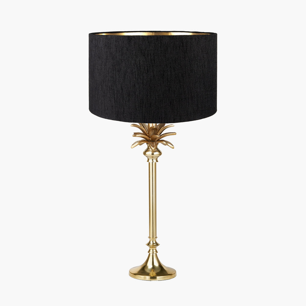Trafalgar Gold Metal Palm Tree Table Lamp Base with Stellan 35cm Black Slubbed Silk Mix Gold Lined Cylinder Lampshade