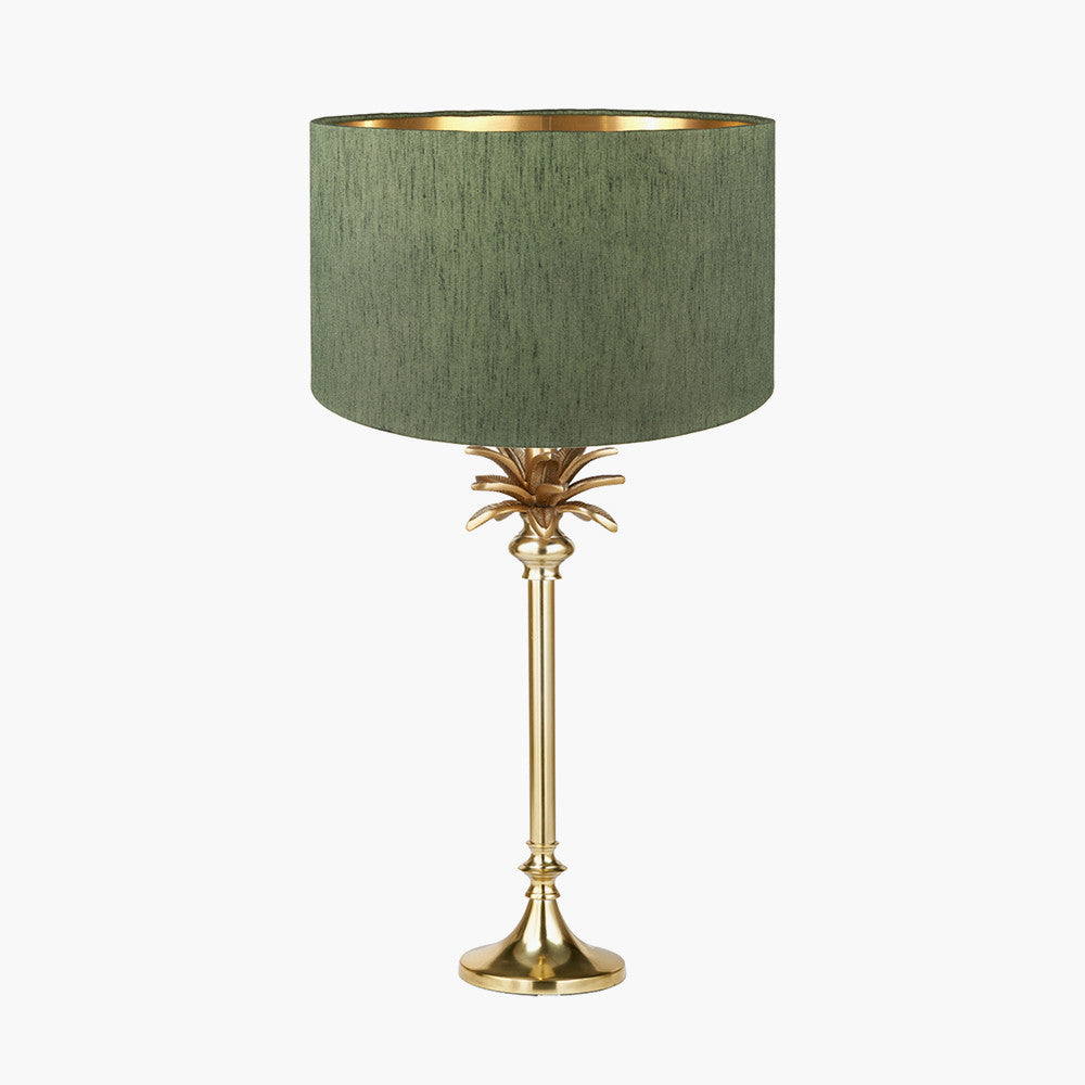 Trafalgar Gold Metal Palm Tree Table Lamp Base with Stellan 35cm Green Slubbed Silk Mix Gold Lined Cylinder Lampshade