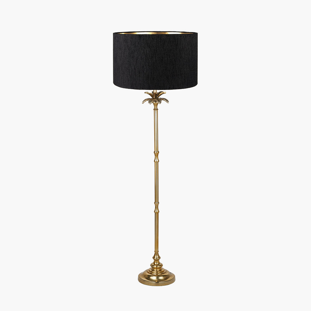 Trafalgar Gold Metal Palm Tree Floor Lamp Base with Stellan 45cm Black Slubbed Faux Silk Gold Lined Cylinder Lampshade