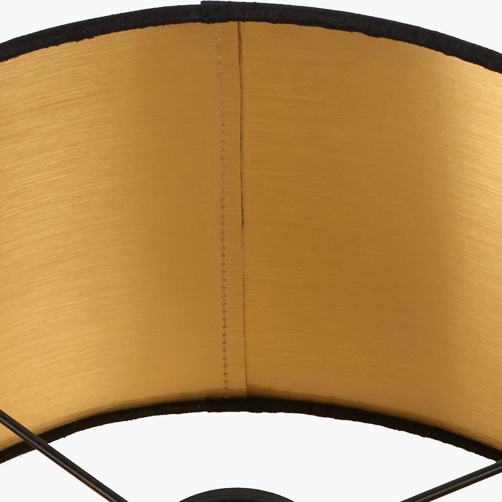 Trafalgar Gold Metal Palm Tree Floor Lamp Base with Stellan 45cm Black Slubbed Faux Silk Gold Lined Cylinder Lampshade