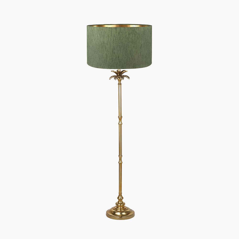 Trafalgar Gold Metal Palm Tree Floor Lamp Base with Stellan 45cm Green Slubbed Silk Mix Gold Lined Cylinder Lampshade
