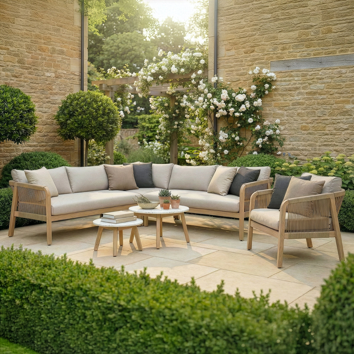 Antigua Corner Sofa Set with 2 x Round Terrazzo Tables and Lounge Chair