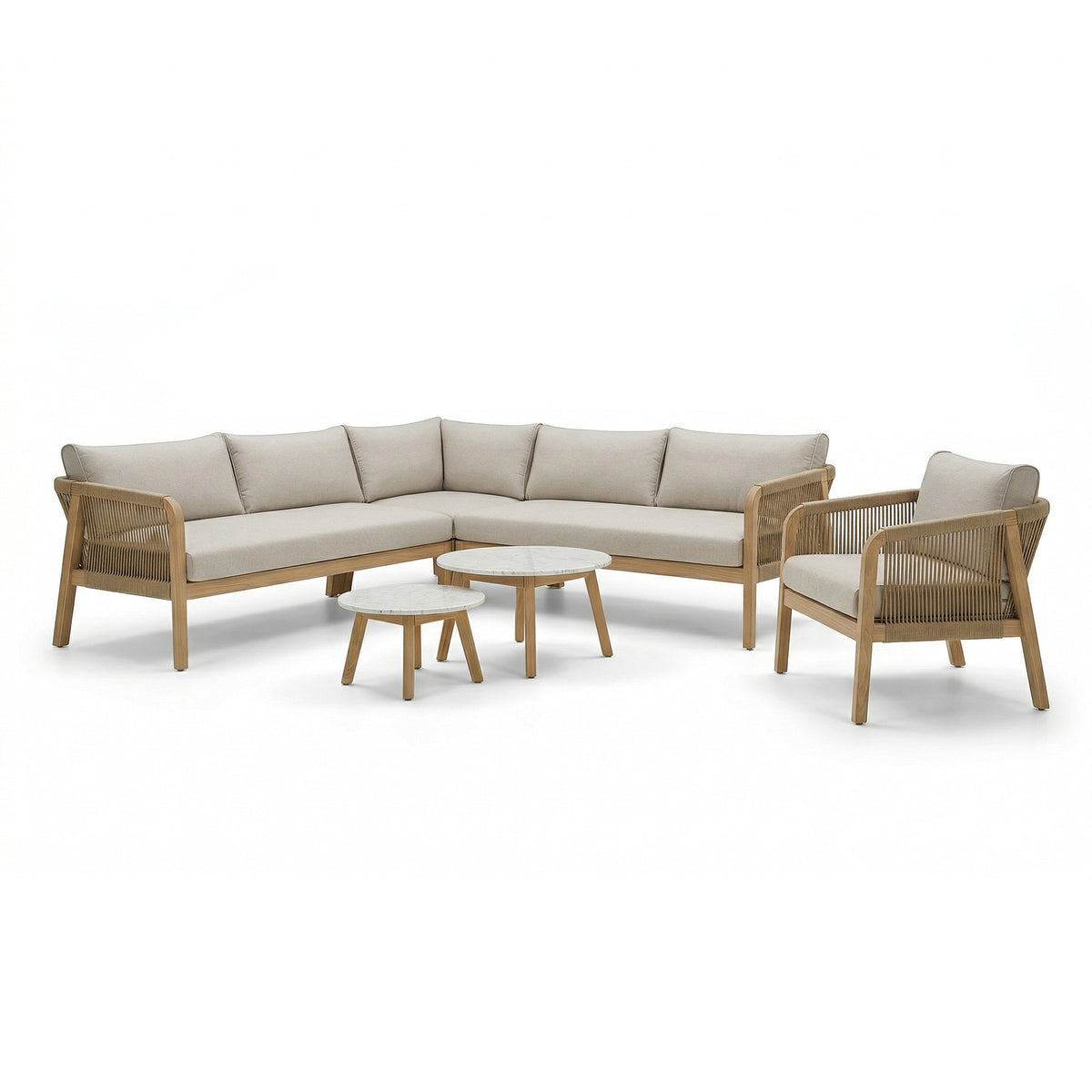 Antigua Corner Sofa Set with 2 x Round Terrazzo Tables and Lounge Chair