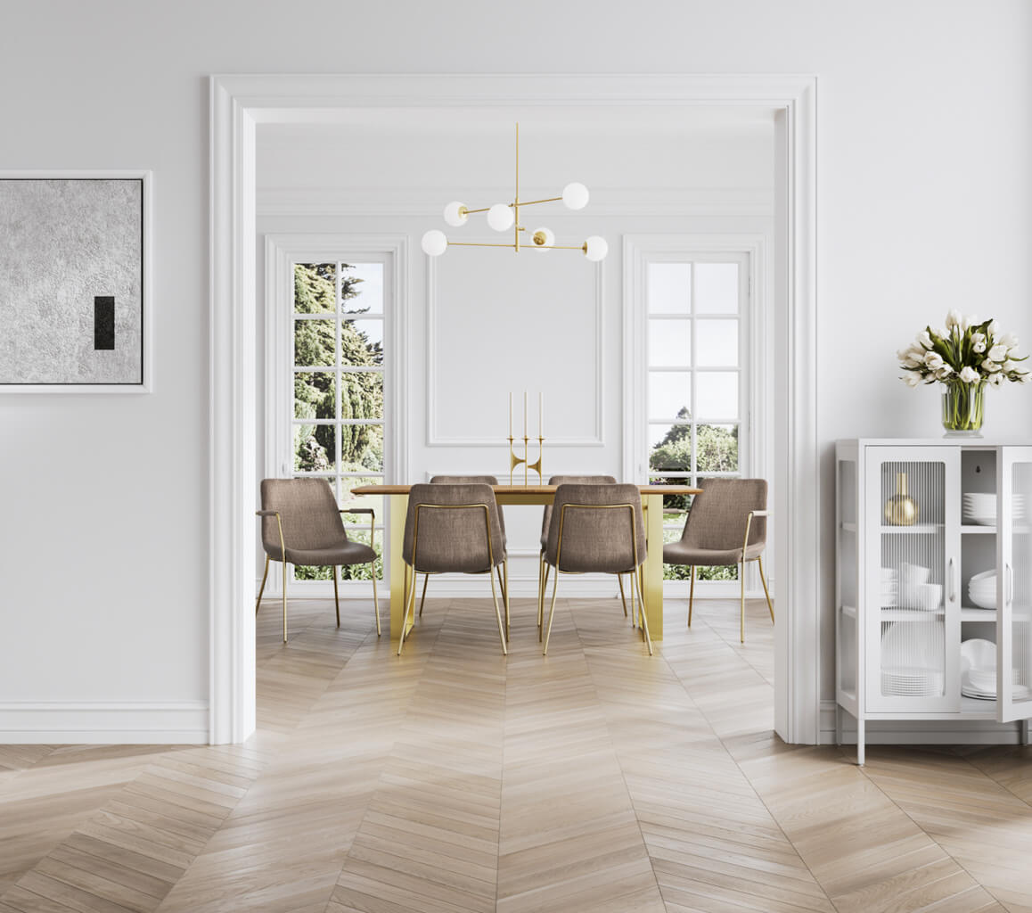 Antibes Gold Dining Table 6 Carlo Taupe Chairs with Arms