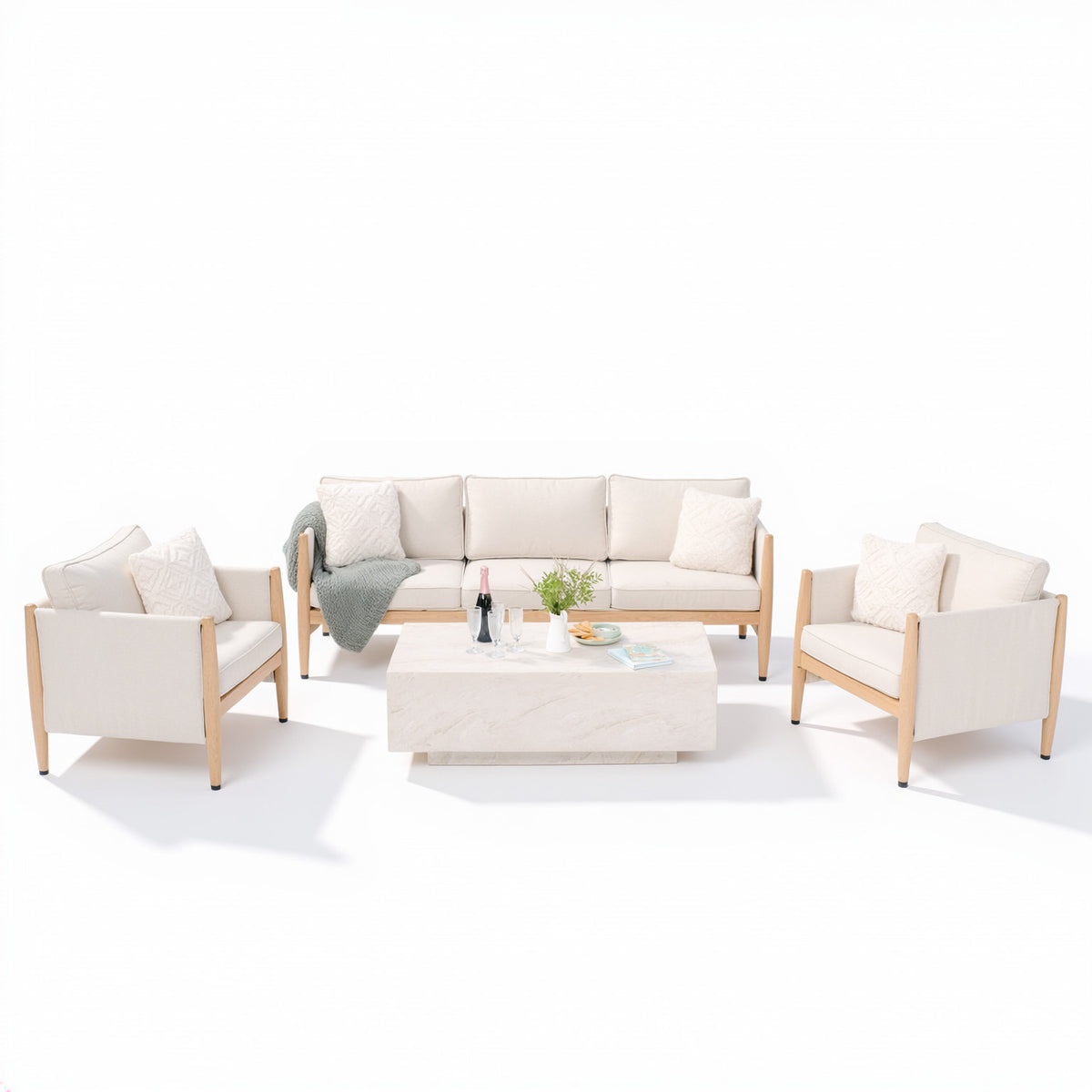 Burford 3 Seat Sofa Set with Rectangular Sintered Stone Table - Almond