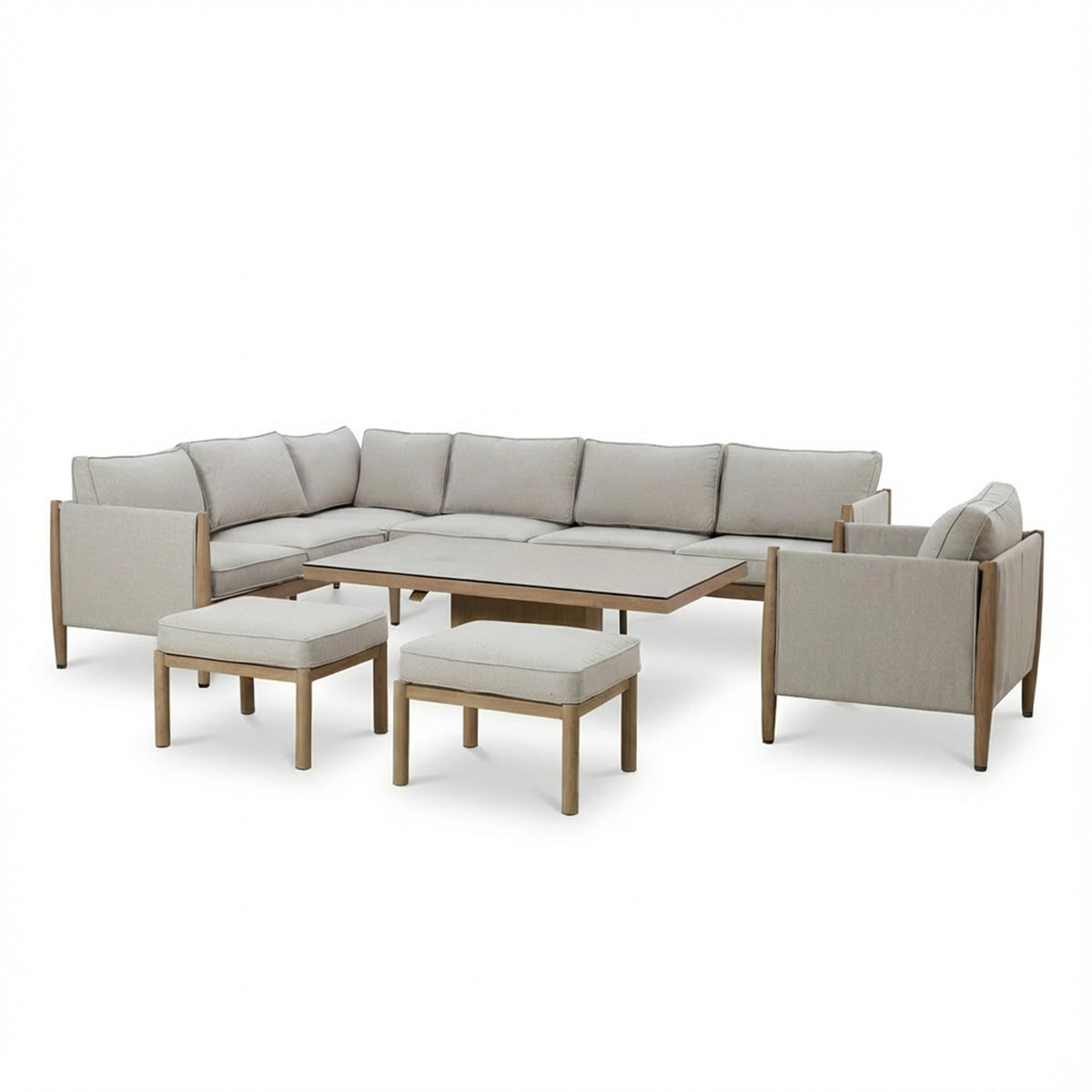Burford Large Corner Sofa Set with Rising Table and Armchair with SeasonSure Cushions - Almond