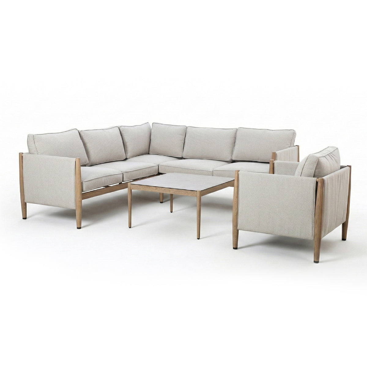 Burford Small Corner Sofa Set with Arm Chair and SeasonSure Cushions - Almond