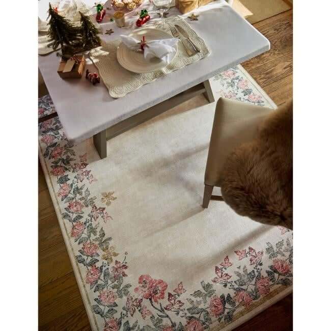 Eco-Washable Cream Rug Flower Design