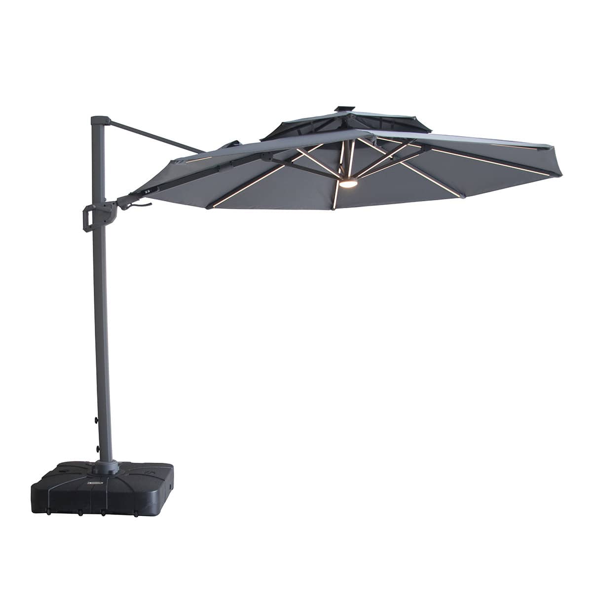 Apollo LED 3m Round Rotating Cantilever Parasol With Base - Charcoal Grey
