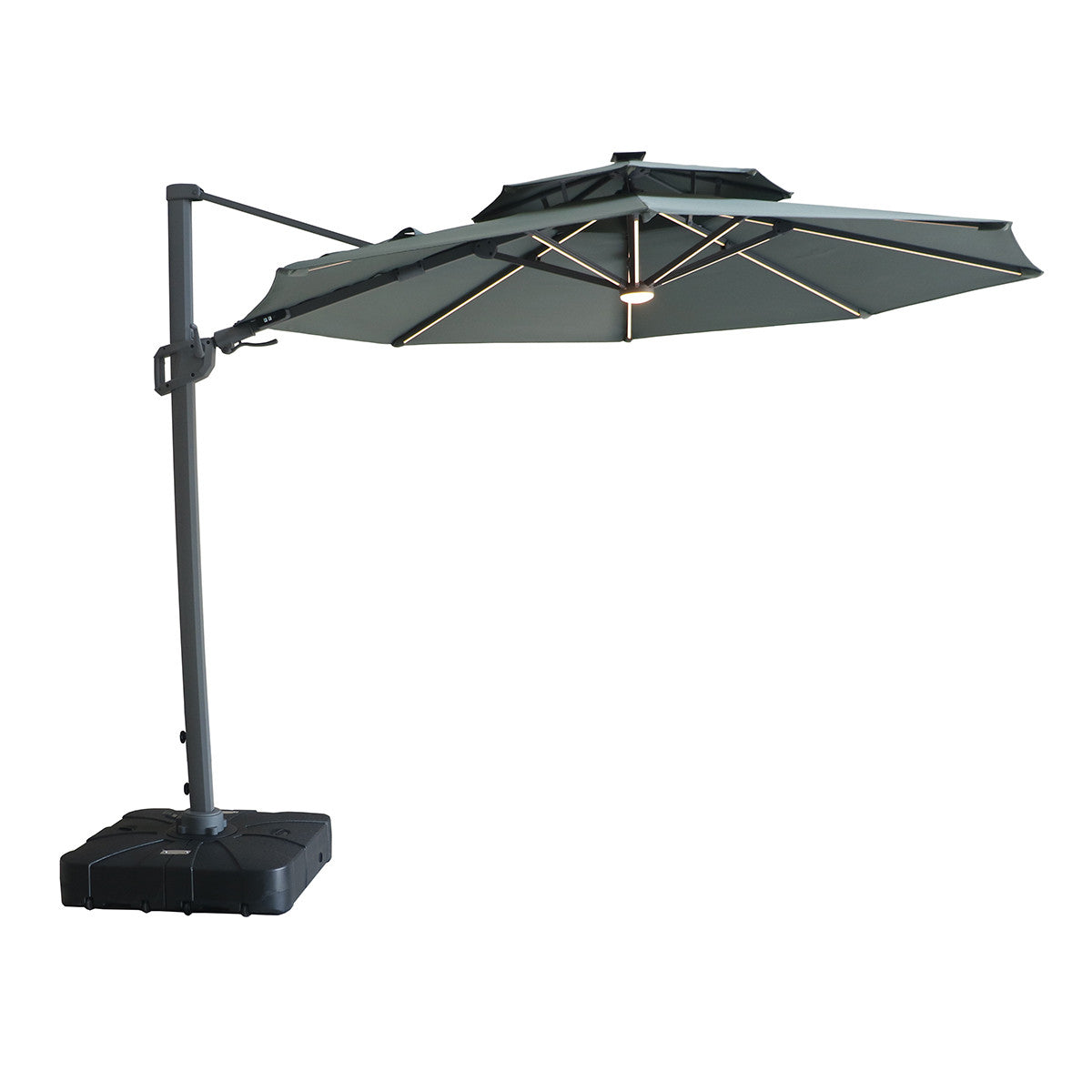 Apollo LED 3m Round Rotating Cantilever Parasol With Base - Oil Green