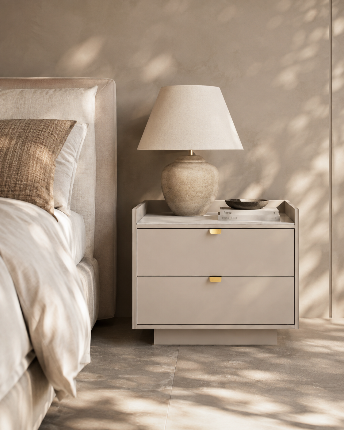 Saviour Bedside Table - White Ceramic Marble & Beige