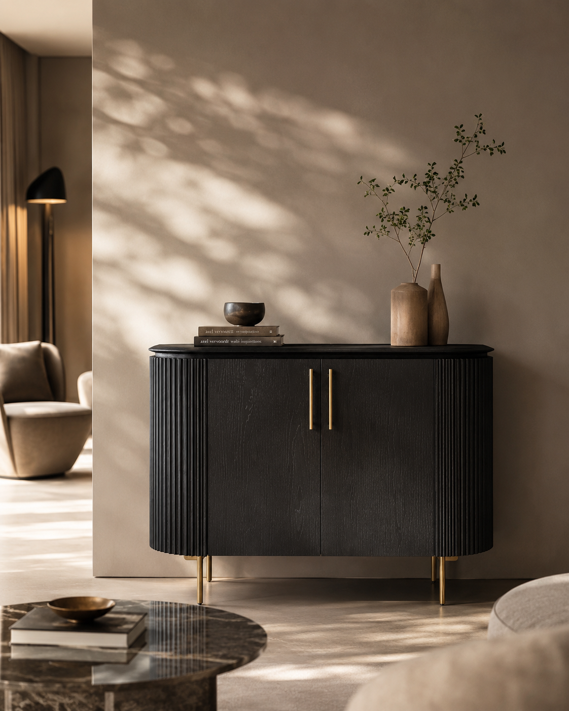 Lantine 2 Door Cabinet - Black Oak & Brass
