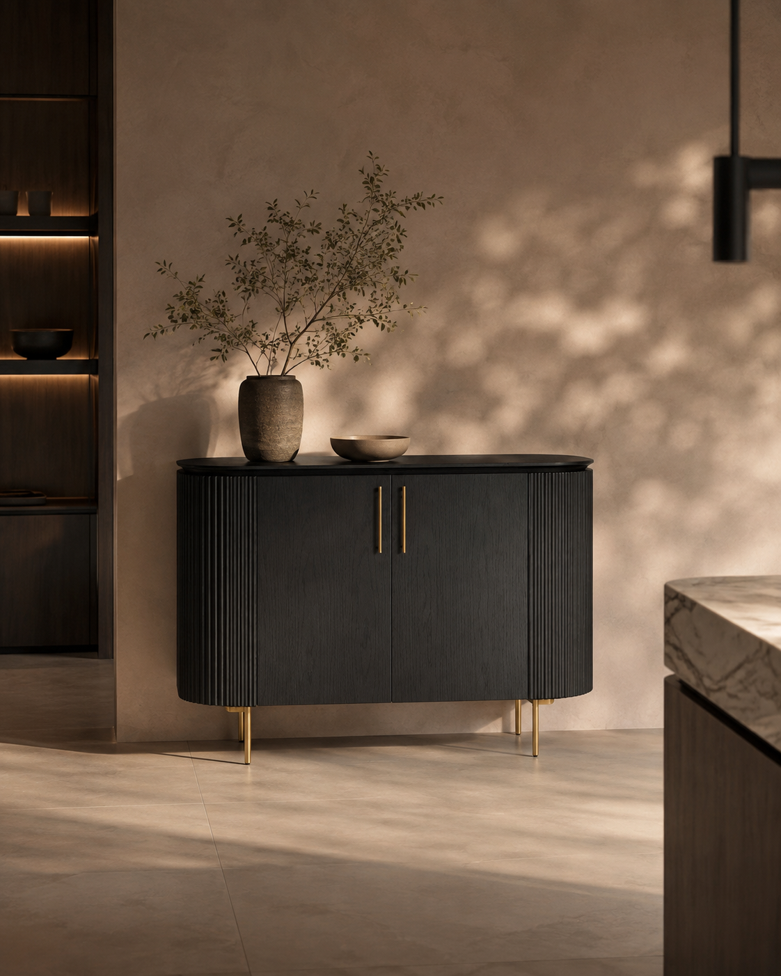Lantine 2 Door Cabinet - Black Oak & Brass