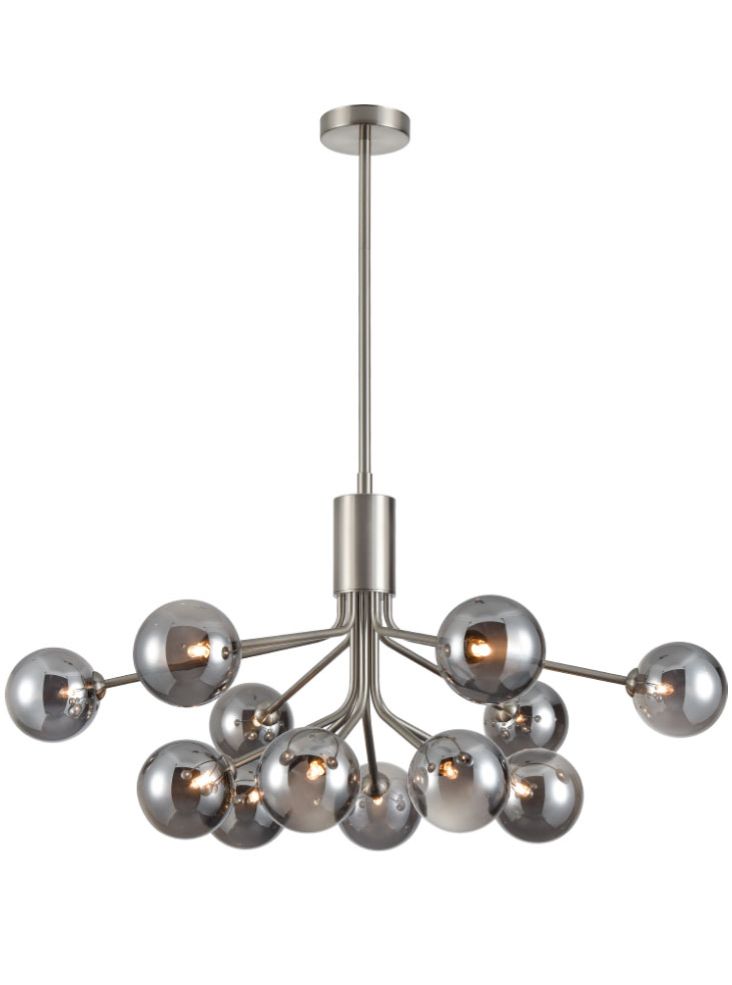 Cosmic 12 light pendant in satin nickel with smoked glass