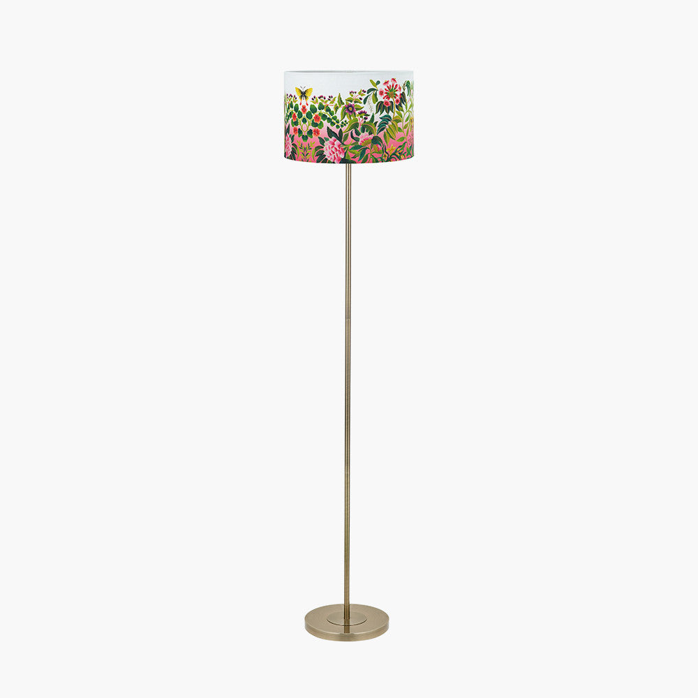 Sesvenna Antique Brass Metal Stick Floor Lamp Base with Ikebana 45cm Drum Shade Fuchsia