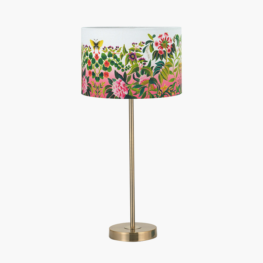 Sesvenna Antique Brass Metal Stick Table Lamp Base with Ikebana 35cm Drum Shade Fuchsia