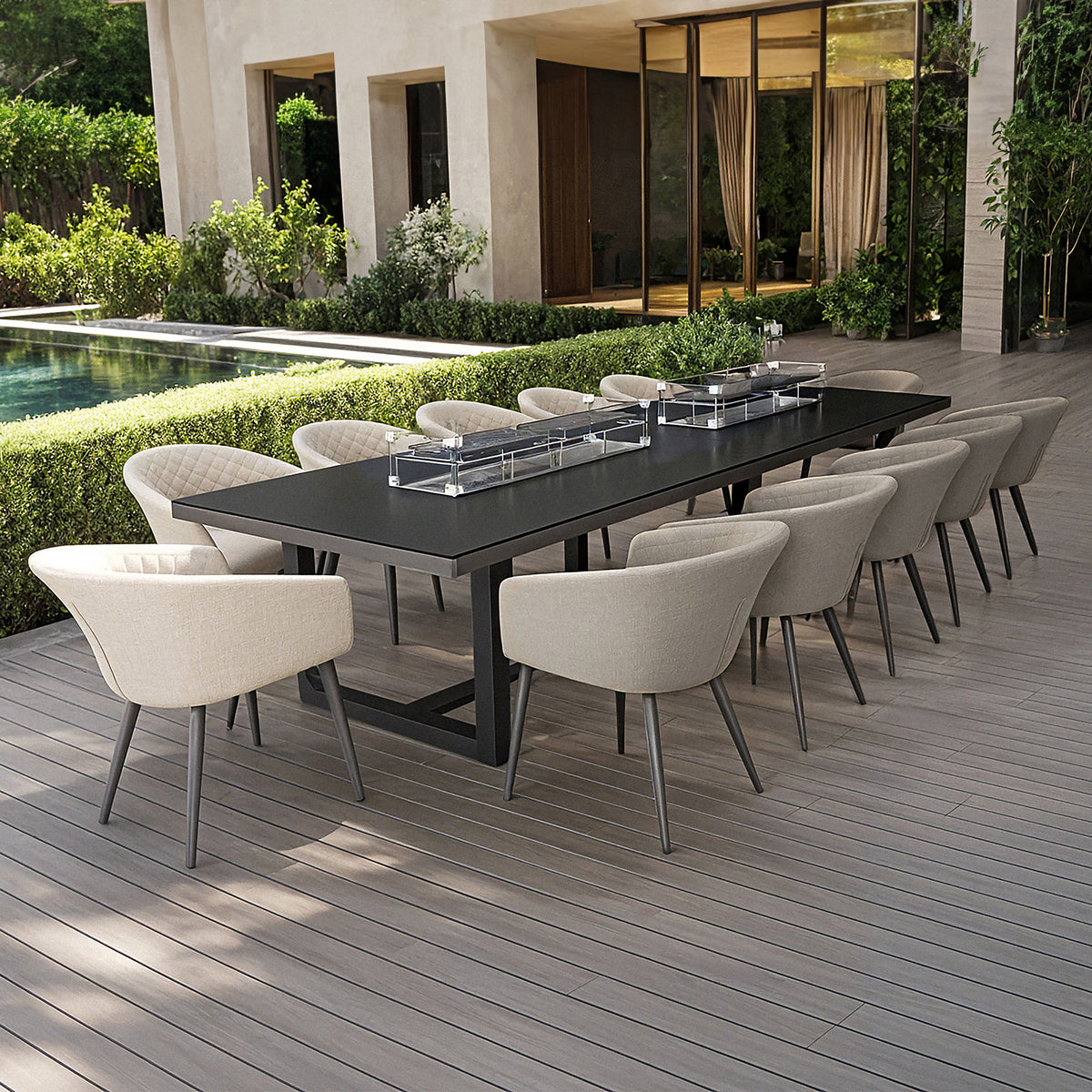 Ambition 12 Seat Rectangular Dining Set with Fire Pit Table - Oatmeal