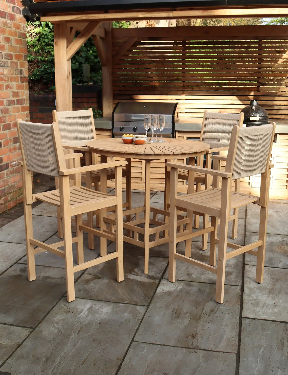Roma 100cm Round Sunray High Bar Table with 4 Roma Rope Bar Stools