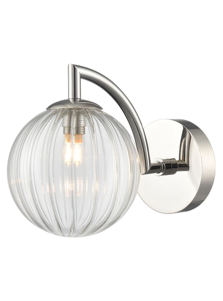 Globe Wall Light polished nickel with clear ribbed glass