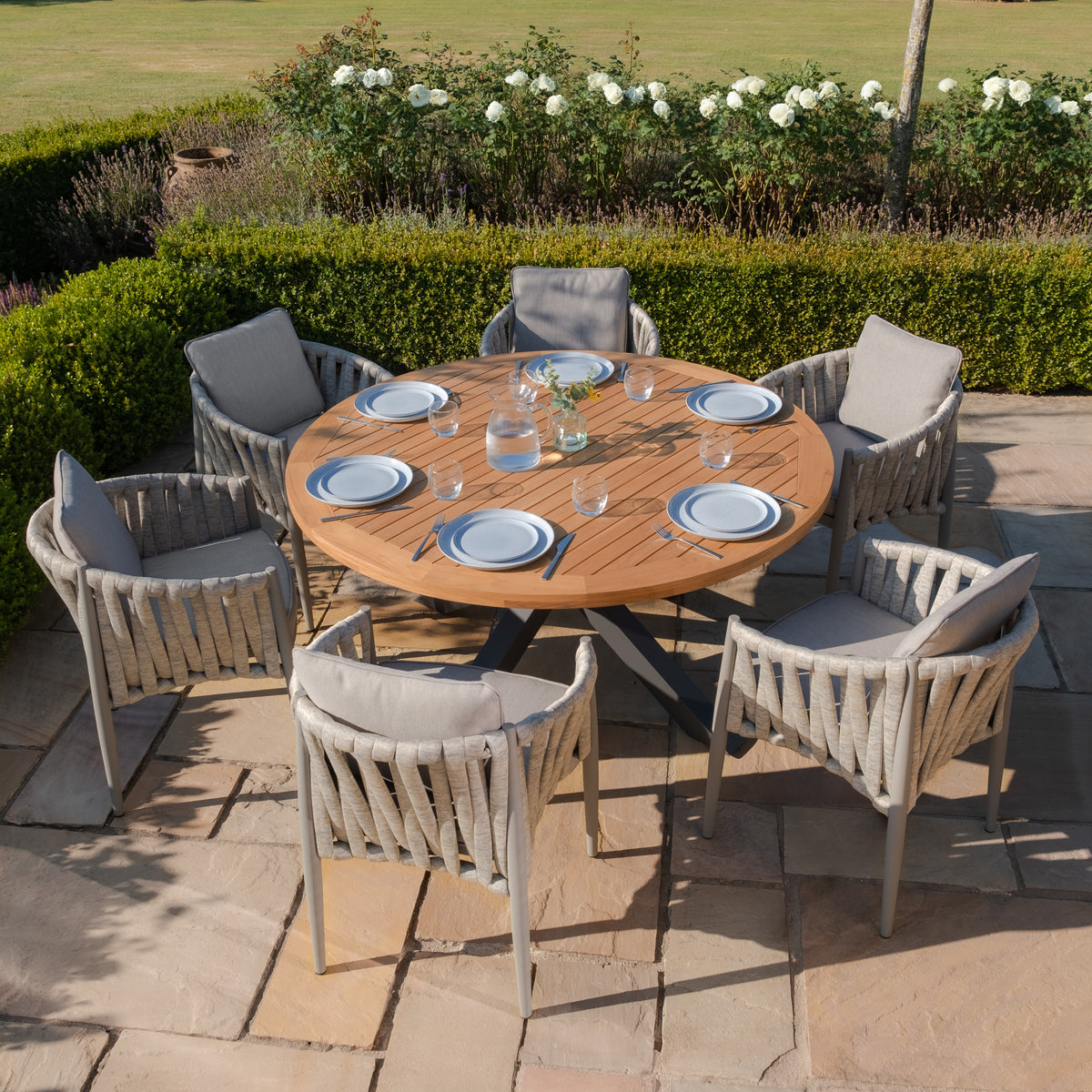 Jakarta Teak Round Dining Table With Milan Dining Chairs - Cool Linen