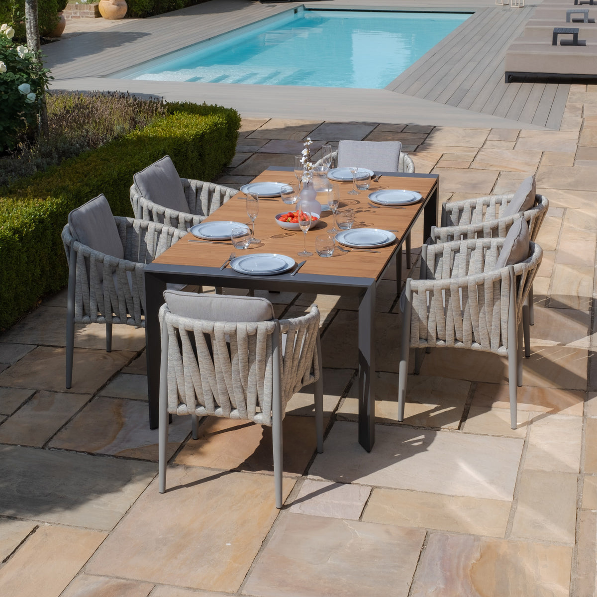Jakarta Teak Rectangular Extending Dining Table With Milan Dining Chairs - Cool Linen