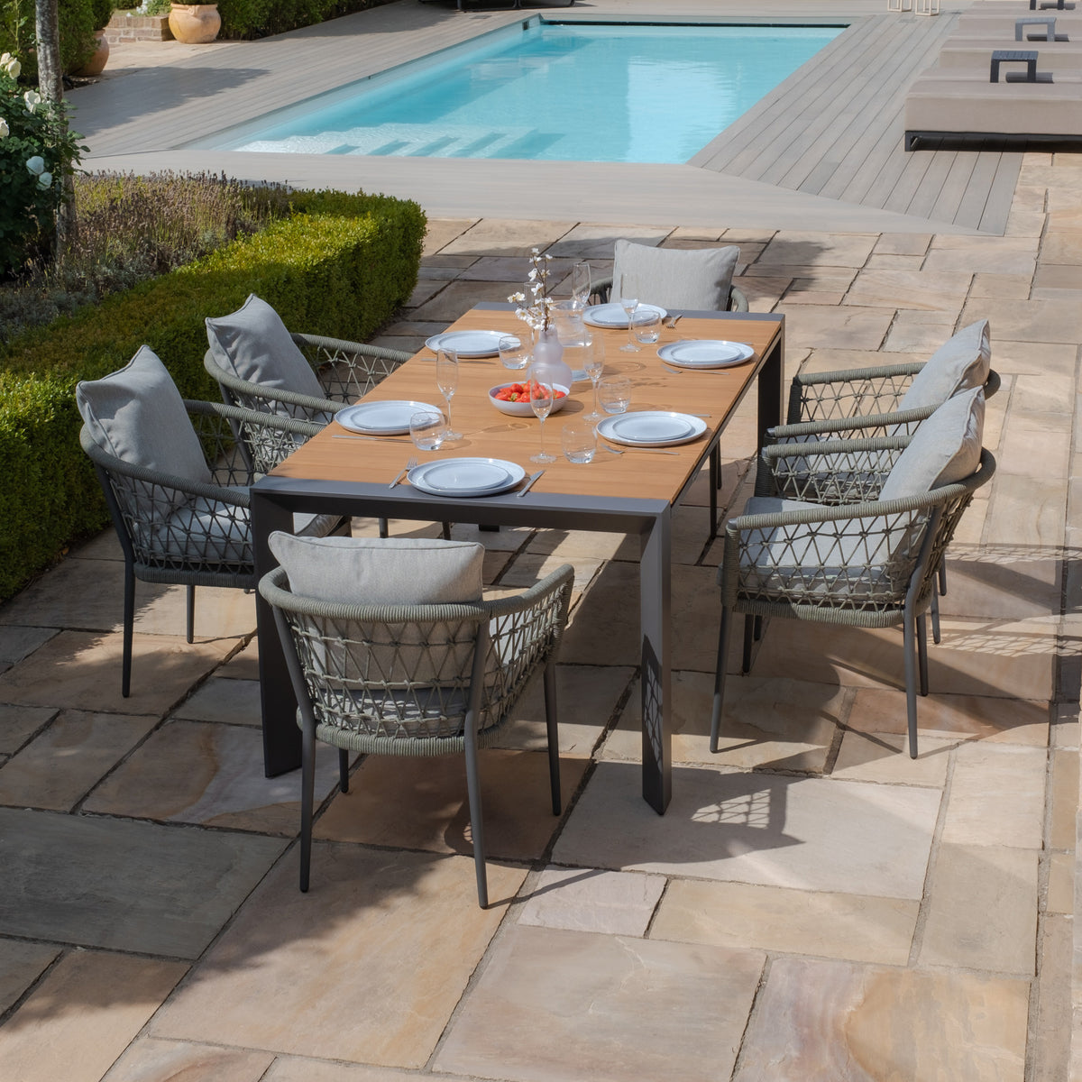 Jakarta Teak Rectangular Extending Dining Table With Monaco Dining Chairs - Ivy Green