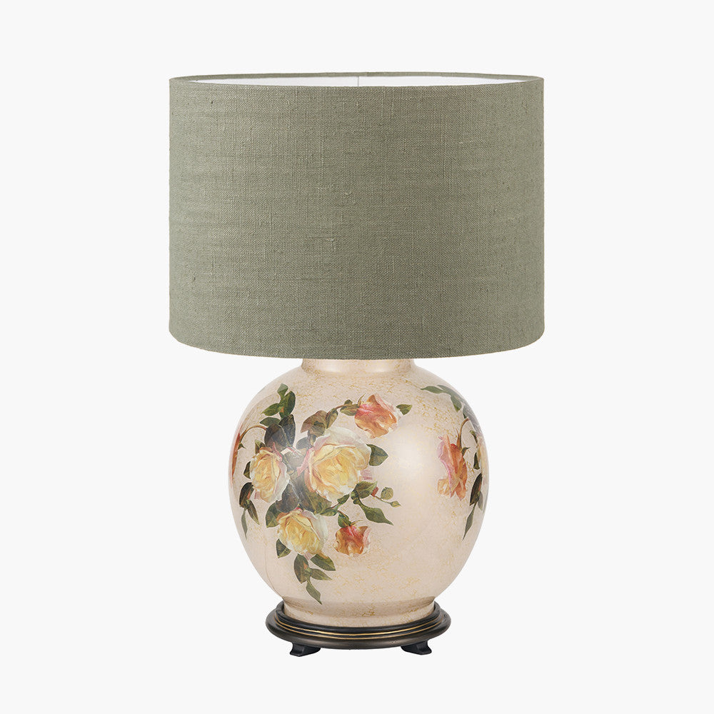 Classic Rose Large Glass Table Lamp Base with Edward 40cm Pistachio Green Linen Cylinder Lampshade