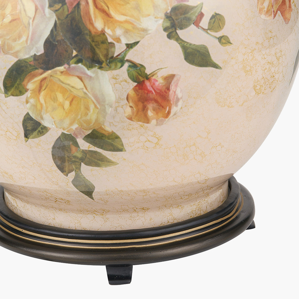 Classic Rose Large Glass Table Lamp Base with Lino 40cm Cream Self Lined Linen Cylinder Lampshade