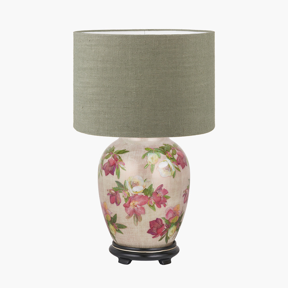 Hellebore Medium Glass Table Lamp Base with Edward 35cm Pistachio Green Linen Cylinder Lampshade