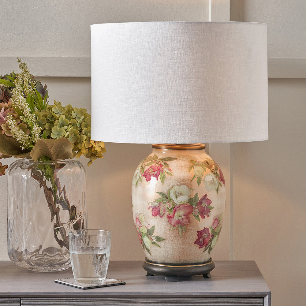 Hellebore Medium Glass Table Lamp Base with Lino 35cm White Self Lined Linen Cylinder Lampshade