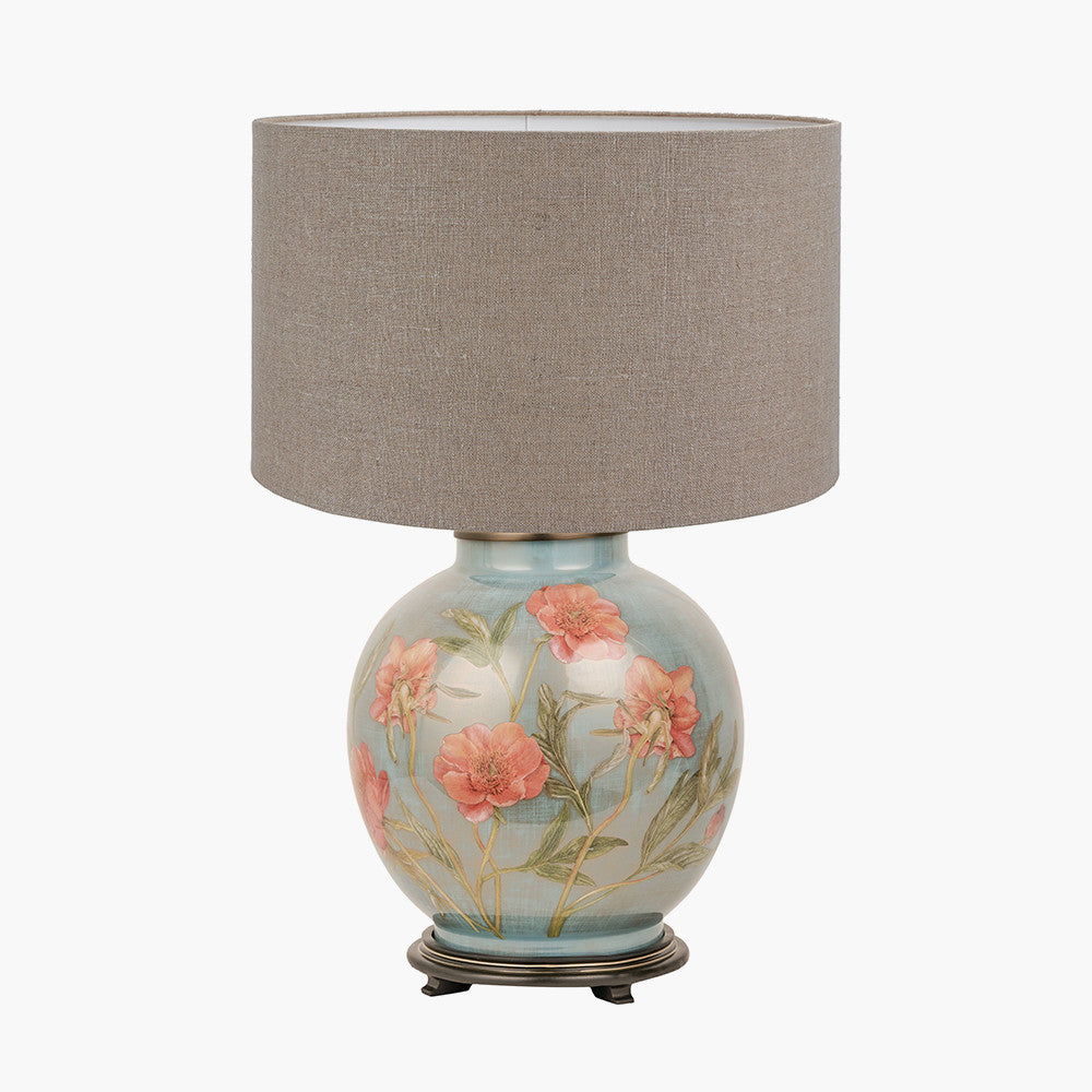 Coral Peony Large Glass Table Lamp Base with Edward 40cm Natural Linen Cylinder Lampshade