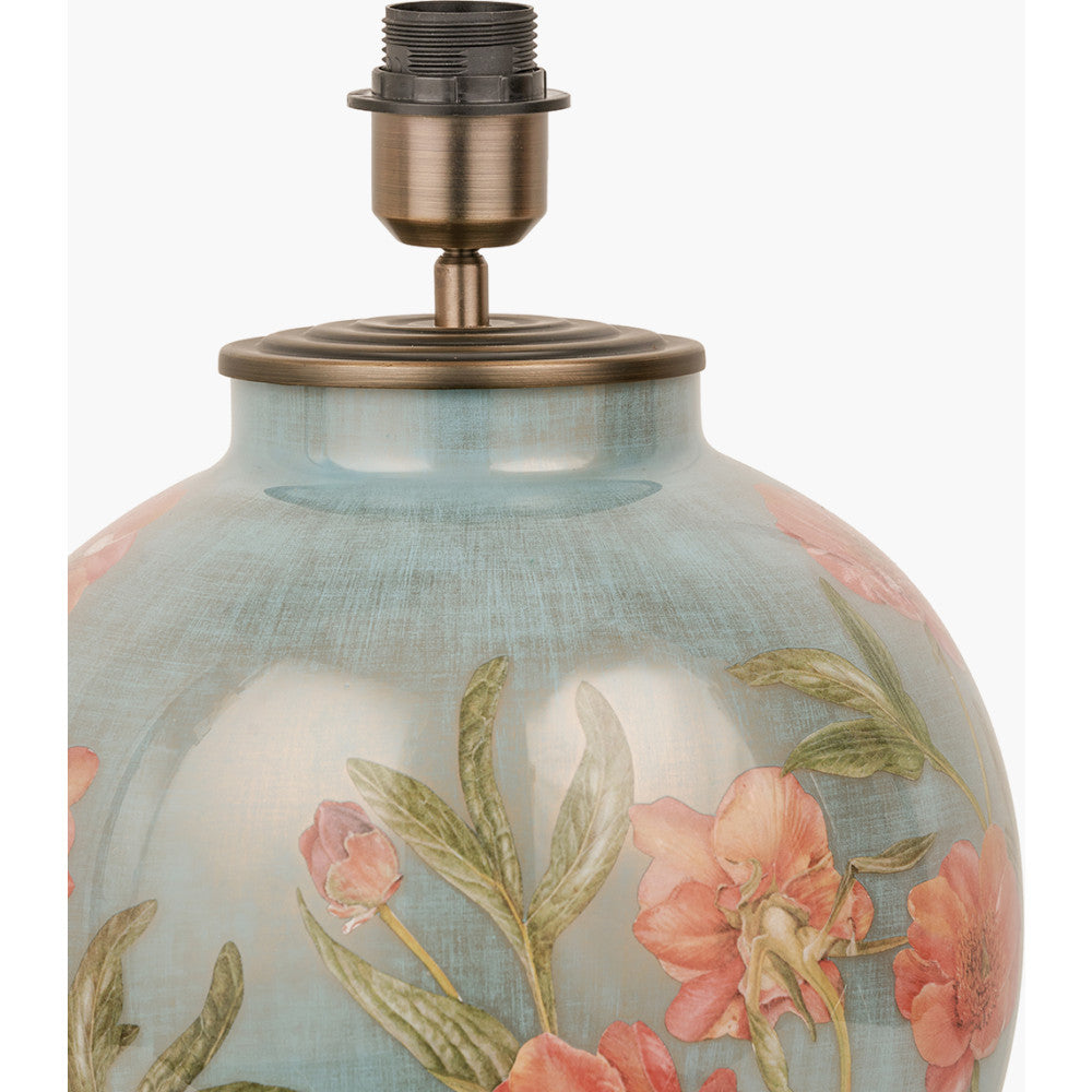 Coral Peony Large Glass Table Lamp Base with Edward 40cm Natural Linen Cylinder Lampshade
