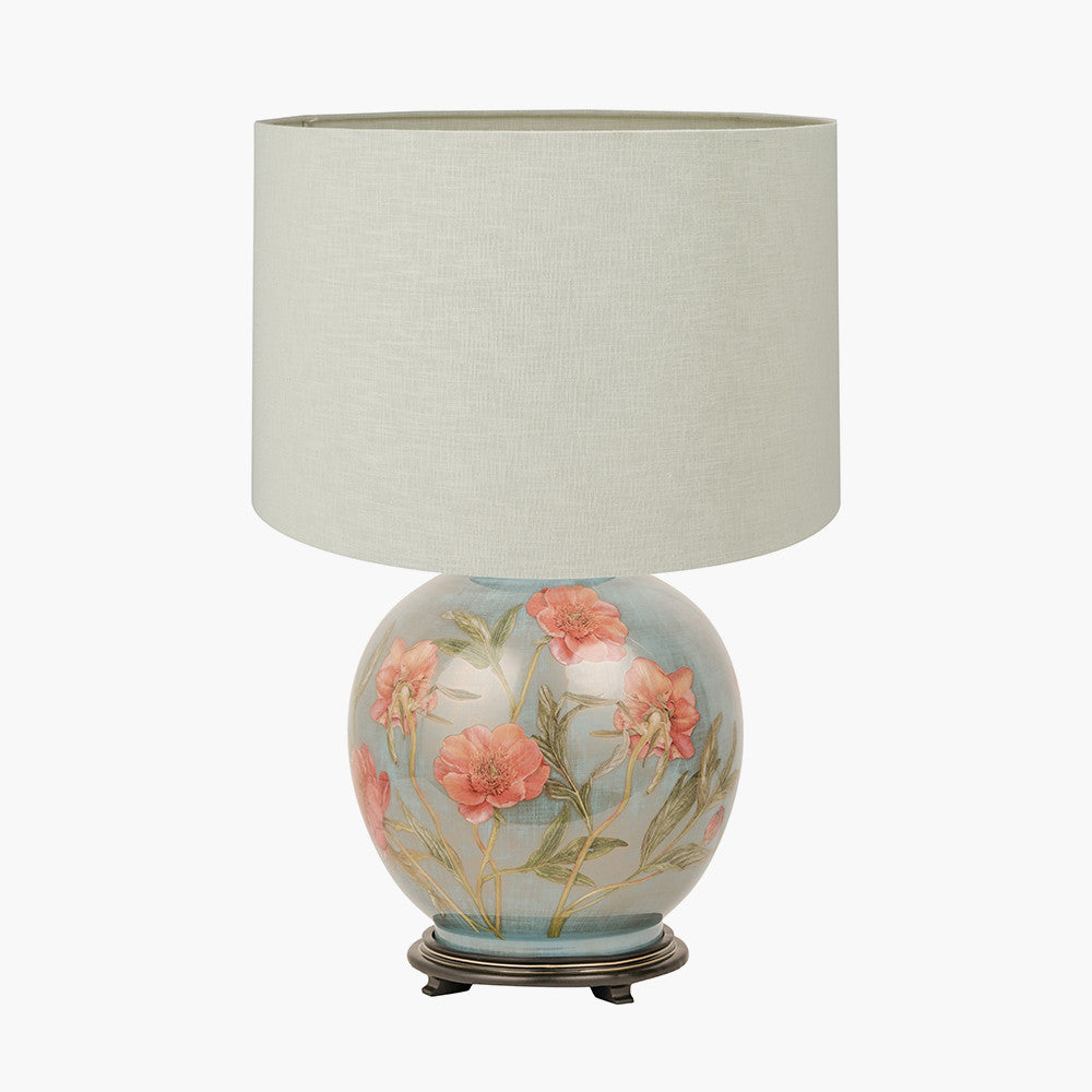 Coral Peony Large Glass Table Lamp Base with Lino 40cm Cream Self Lined Linen Cylinder Lampshade