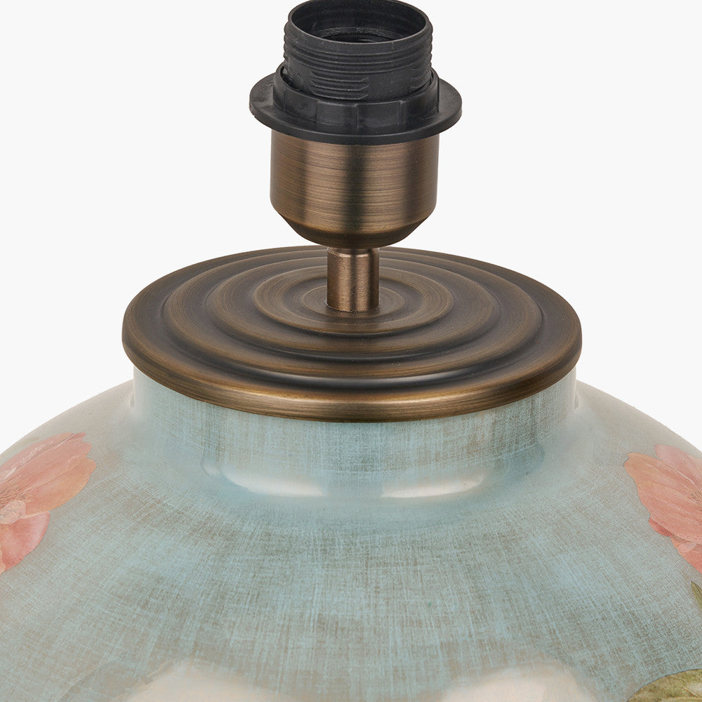 Coral Peony Large Glass Table Lamp Base with Lino 40cm Cream Self Lined Linen Cylinder Lampshade