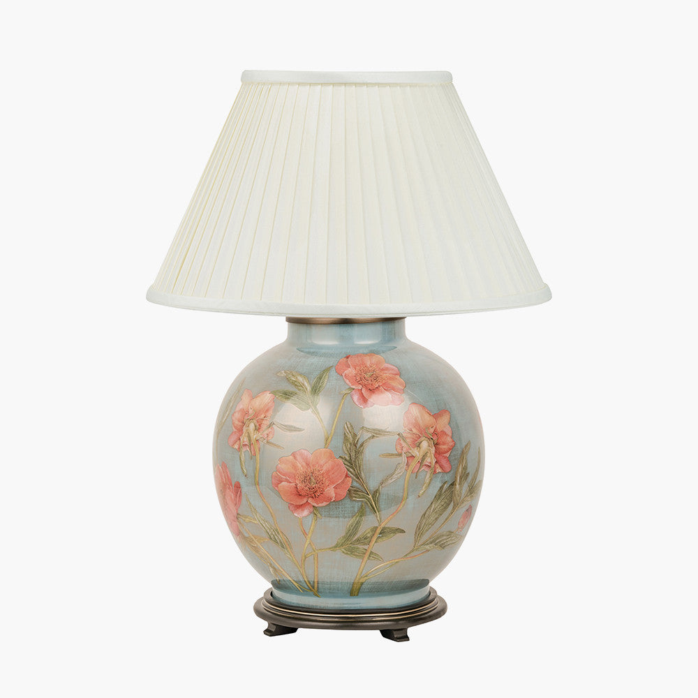 Coral Peony Large Glass Table Lamp Base with Bacall 45cm Almond Silk Knife Pleat Empire Lampshade