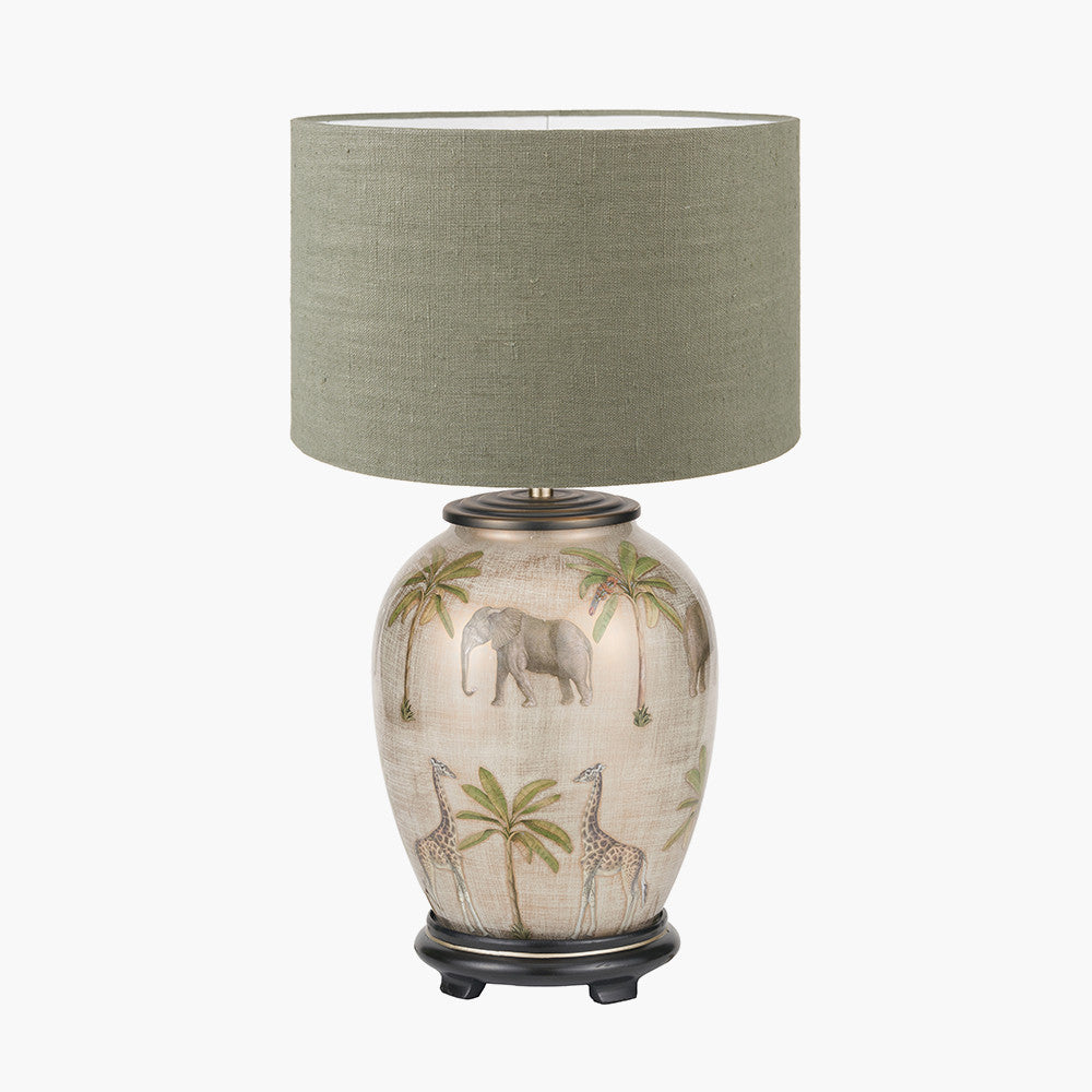 Safari Medium Glass Table Lamp Base with Edward 35cm Pistachio Green Linen Cylinder Lampshade