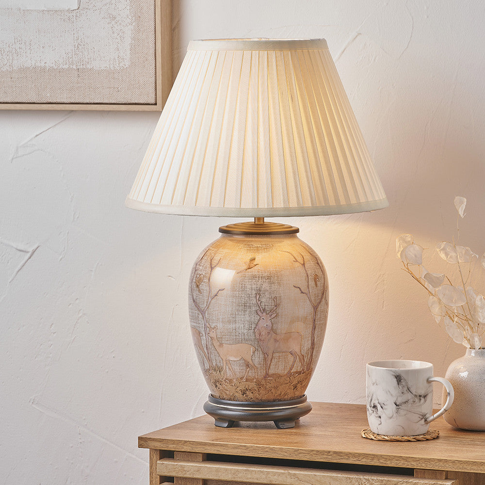 Deer Medium Glass Table Lamp Base with Bacall 35cm Almond Silk Knife Pleat Empire Lampshade