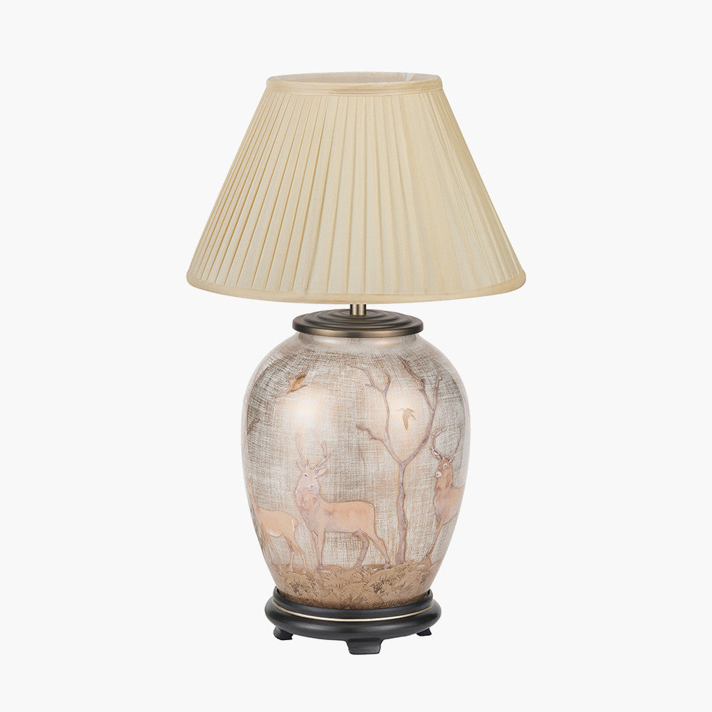Deer Medium Glass Table Lamp Base with Bacall 35cm Almond Silk Knife Pleat Empire Lampshade
