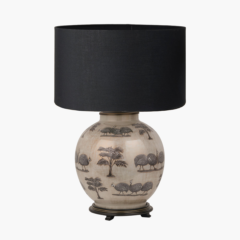 Guinea Fowl Large Glass Table Lamp Base with Harry 40cm Black Cotton Mix Cylinder Lampshade