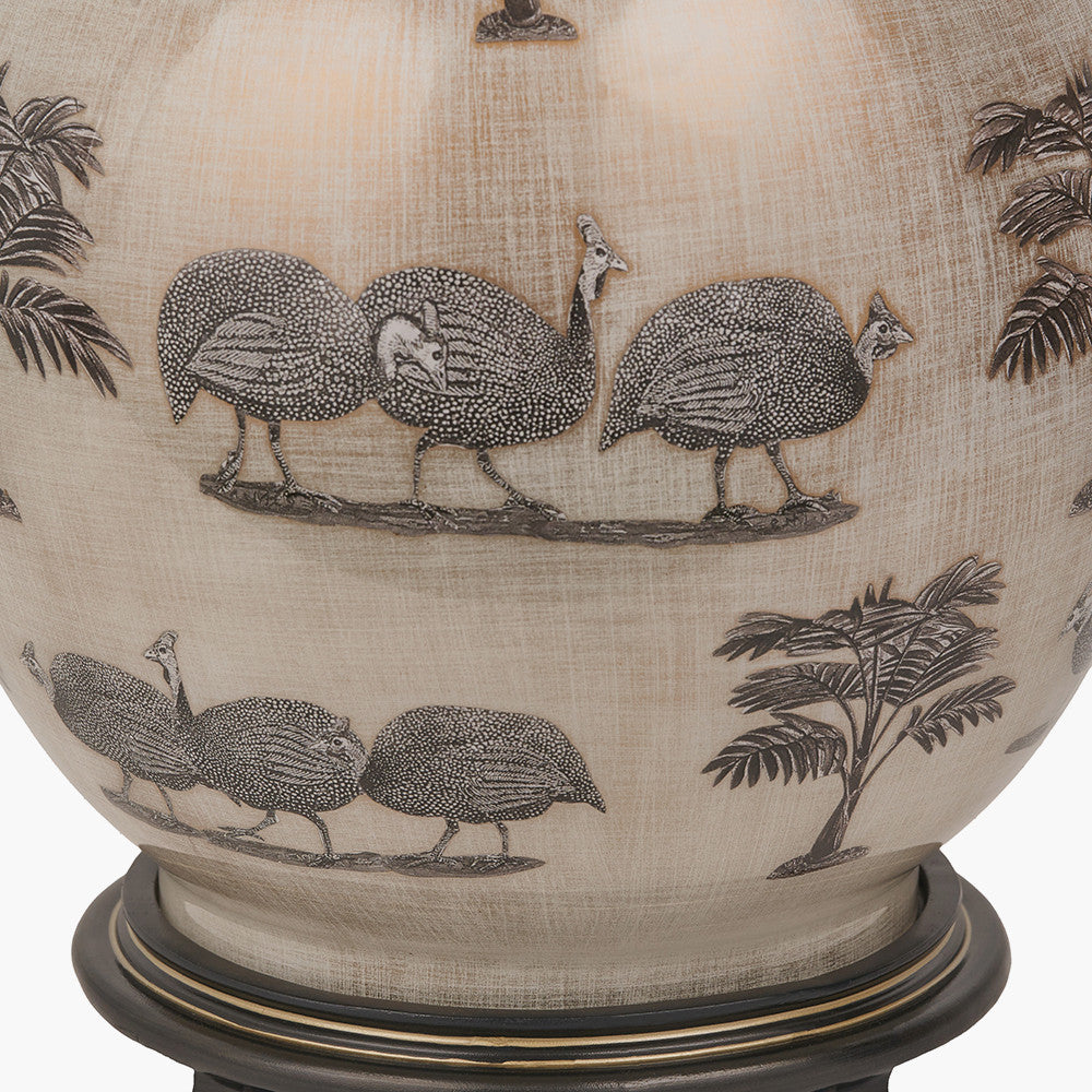 Guinea Fowl Large Glass Table Lamp Base with Henry 40cm Tobacco Handloom Cylinder Lampshade