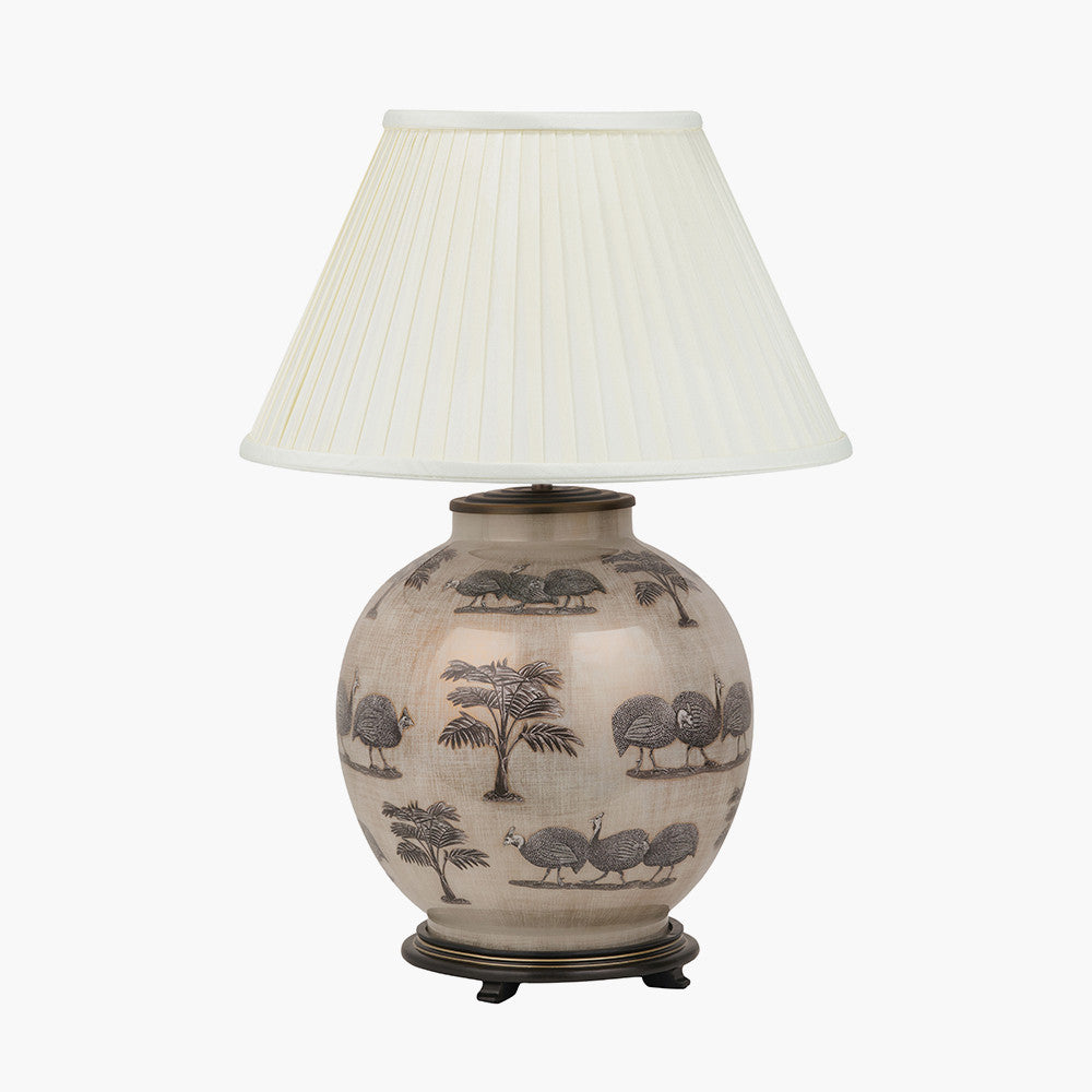 Guinea Fowl Large Glass Table Lamp Base with Bacall 45cm Almond Silk Knife Pleat Empire Lampshade