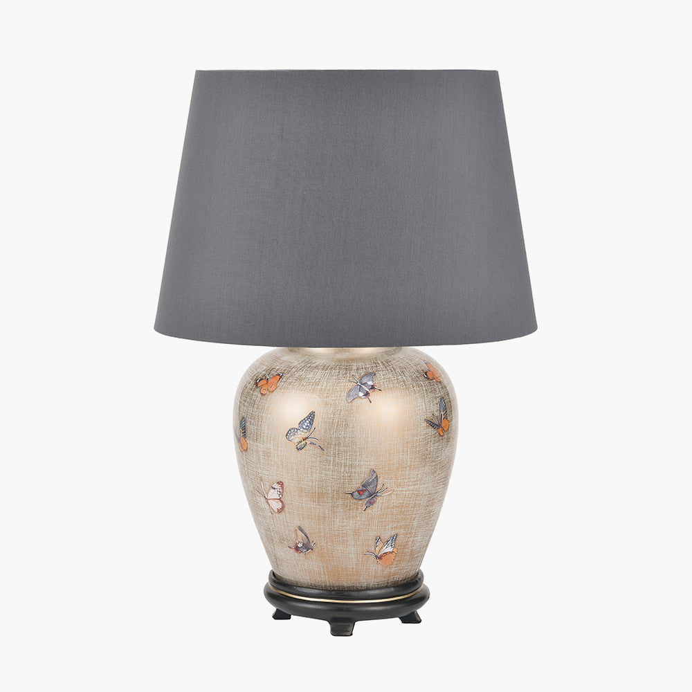Butterflies Small Glass Table Lamp Base with Adelaide 30cm Steel Grey Tapered Cotton Mix Lampshade