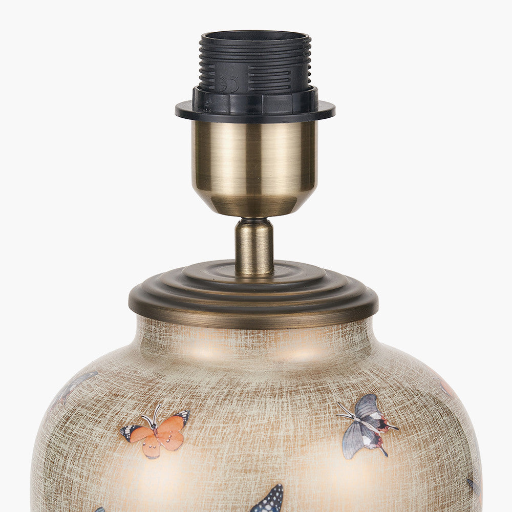 Butterflies Small Glass Table Lamp Base with Harry 25cm Steel Grey Cotton Mix Cylinder Lampshade