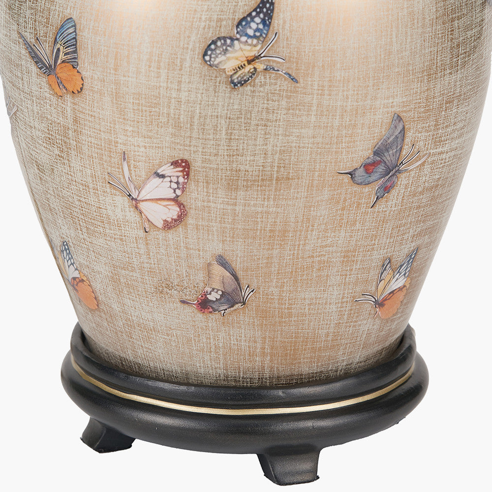 Butterflies Small Glass Table Lamp Base with Harry 25cm Steel Grey Cotton Mix Cylinder Lampshade