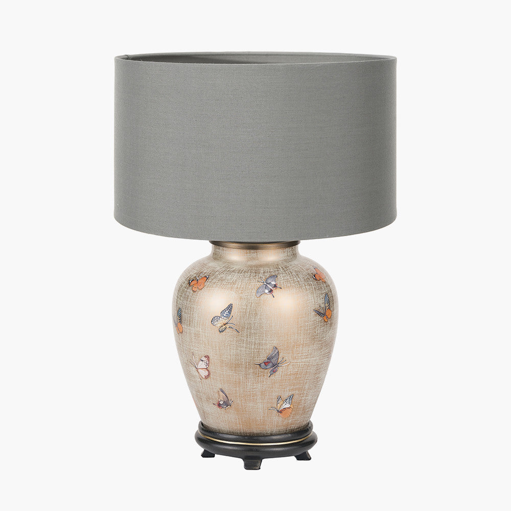 Butterflies Small Glass Table Lamp Base with Harry 25cm Steel Grey Cotton Mix Cylinder Lampshade