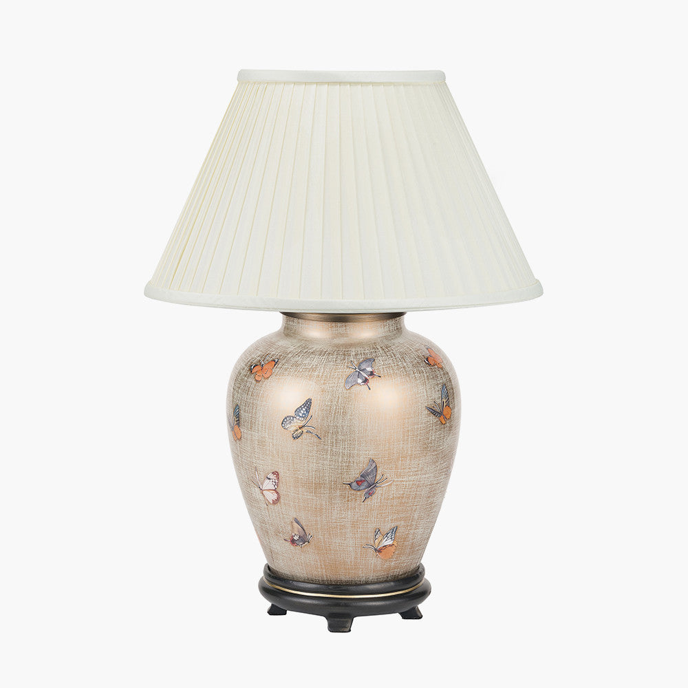Butterflies Small Glass Table Lamp Base with Bacall 30cm Almond Silk Knife Pleat Empire Lampshade