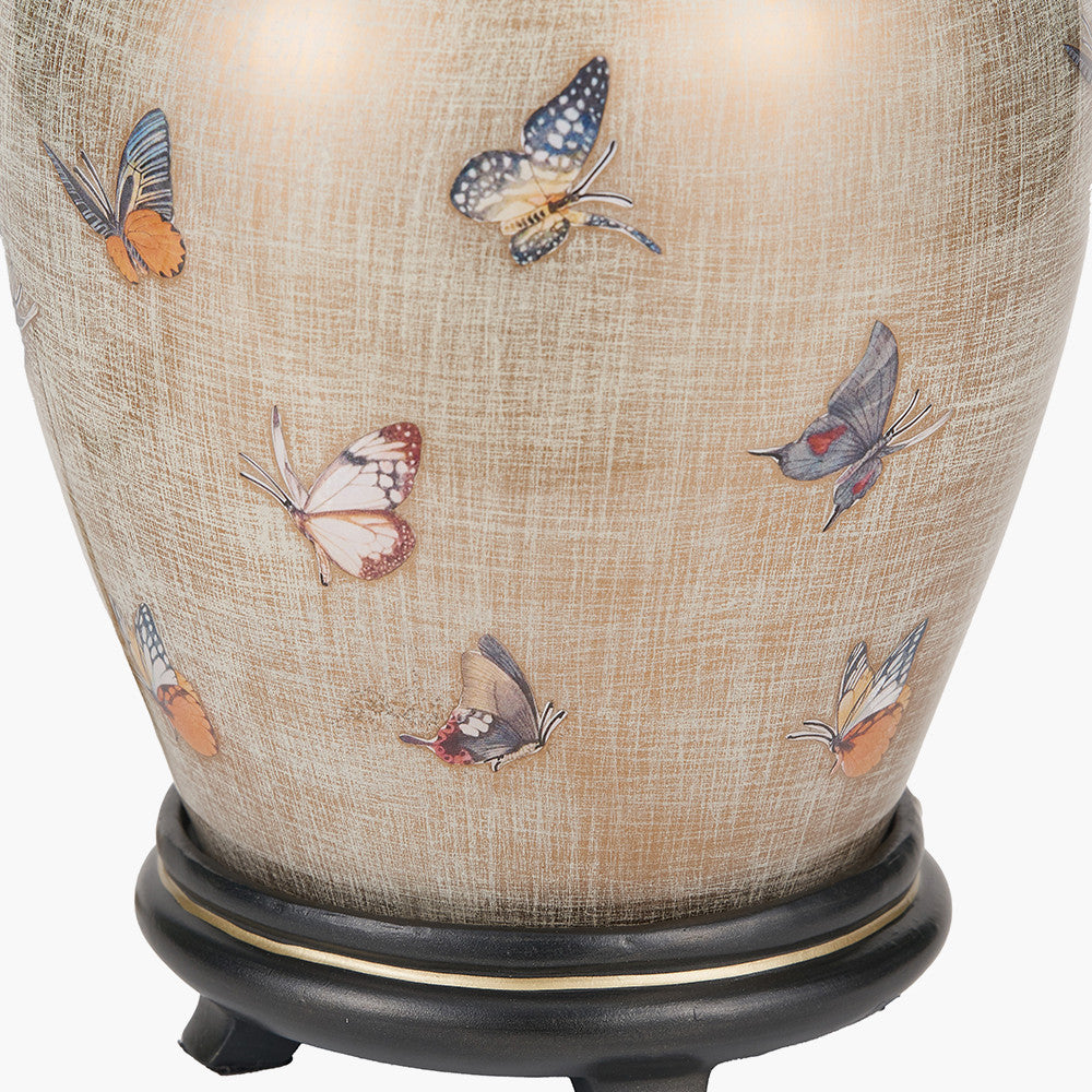 Butterflies Small Glass Table Lamp Base with Bacall 30cm Almond Silk Knife Pleat Empire Lampshade