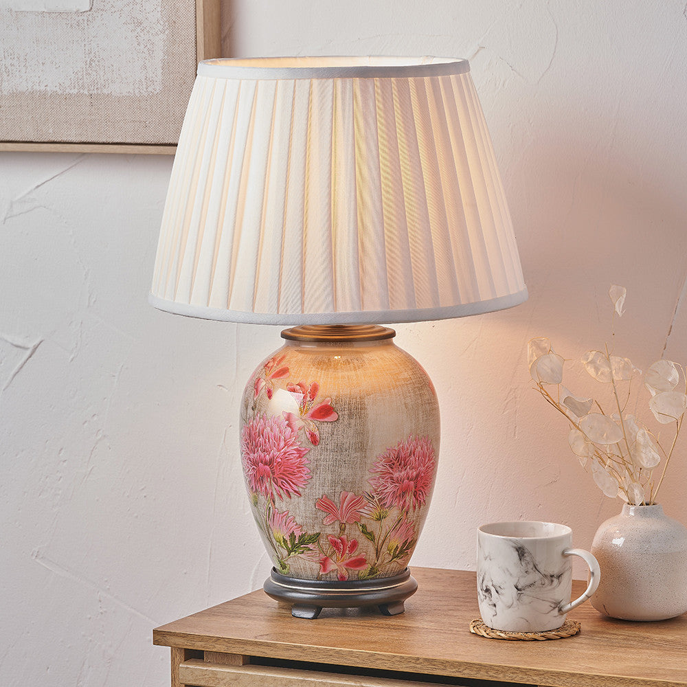 Dahlia Alstroemeria Medium Glass Lamp Base with Lyndon 35cm Ivory Silk Mix Knife Pleat Tapered Lampshade
