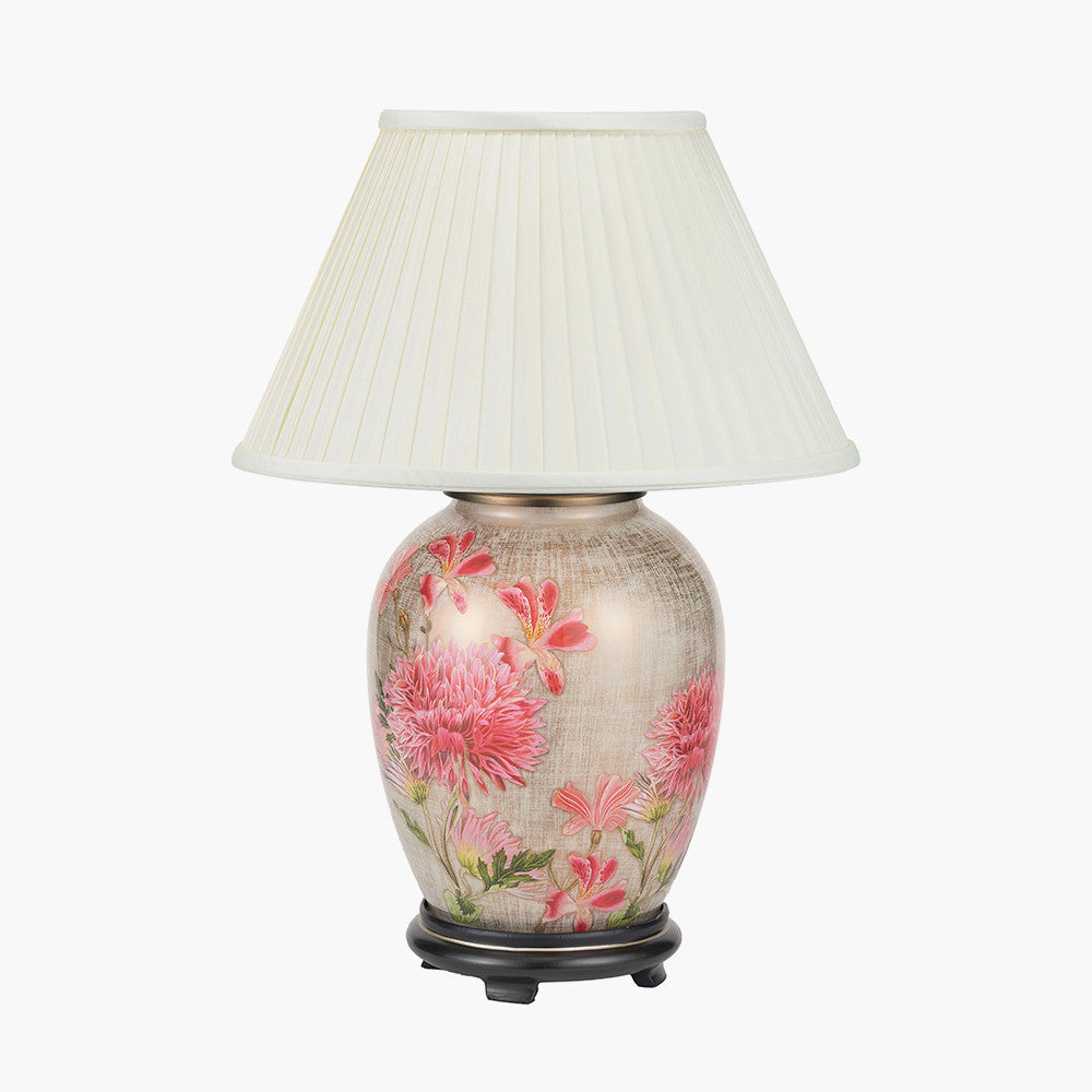 Dahlia Alstroemeria Medium Glass Lamp Base with Bacall 40cm Almond Silk Knife Pleat Empire Lampshade
